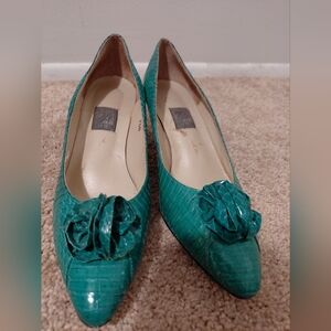 Teal Pointed-Toe Floral Applique Flats